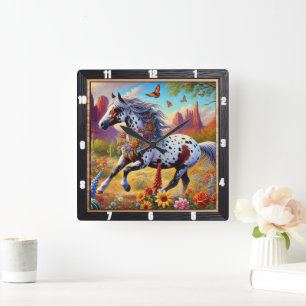 Horloge Carrée Décor floral du Cheval Galloping
