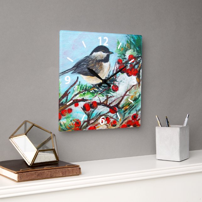 Horloge Carrée Décor mural Peinture d'Oiseau De Chickadee Doux (Sweet Chickadee Bird Painting Wall Décor Square Wall Clock from Jenn's Emporium. )