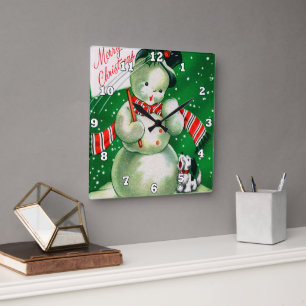 Horloge Carrée Décor retro vintage de Noël snowman