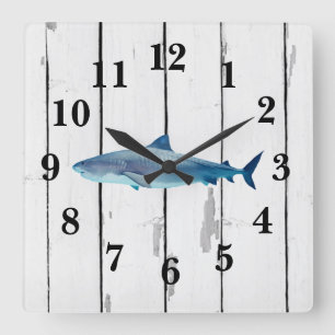 Horloge Carrée Décor rustique Nautique Bleu Requin