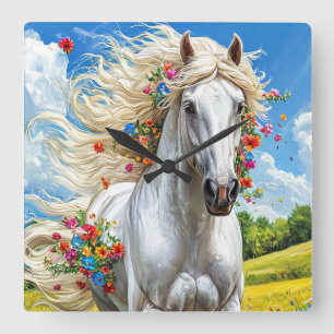 Horloge Carrée Décoration de maison romantique nature cheval et f