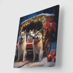 Horloge Carrée Décoration de Noël Traîneau enneigé d'Akita