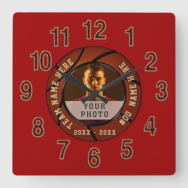 Horloge Carrée Deep Red Photo et Personalized Basketball Clock (Recto)