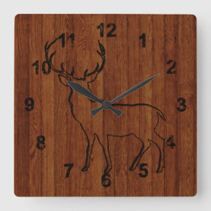 Horloge Carrée Deer Carved In Wood Effect Rustic