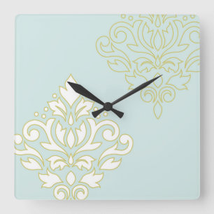 Horloge Carrée Défiler Damask Art I (contour) Wt Gld Lt Turquoise