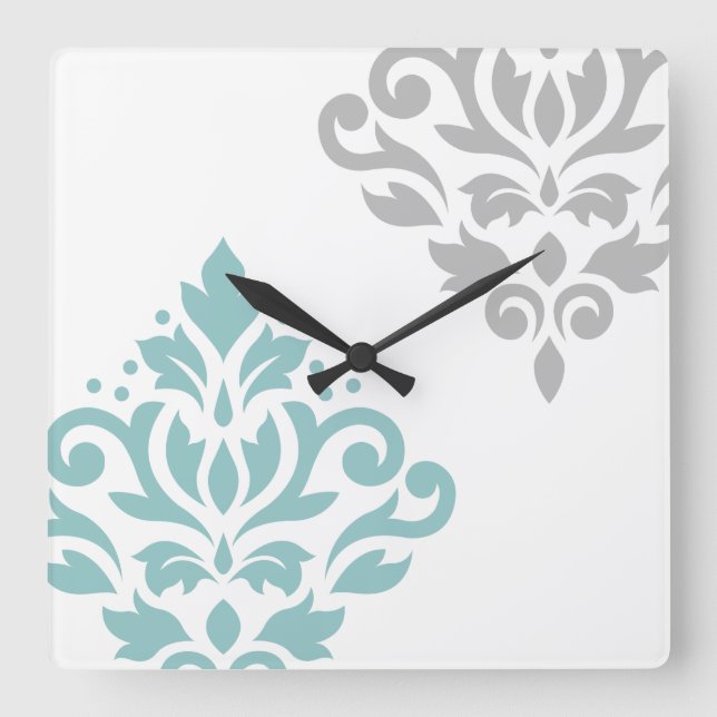 Horloge Carrée Défiler Damask Art I Turquoise & gris sur blanc (Recto)