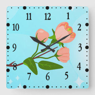 Horloge Carrée Dégradé de ciel bleu avec branche printanière en f