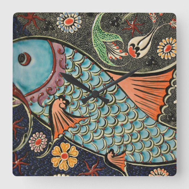 Horloge Carrée Delicate Ocean Mosaic Coastal Koi Fish (Recto)