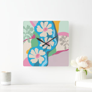 Horloge Carrée Délires d'été en blocs de couleur floraux modernes