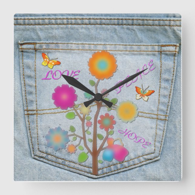Horloge Carrée Denim Back Fleurs de poche Paix Amour Carré Horlog (Recto)