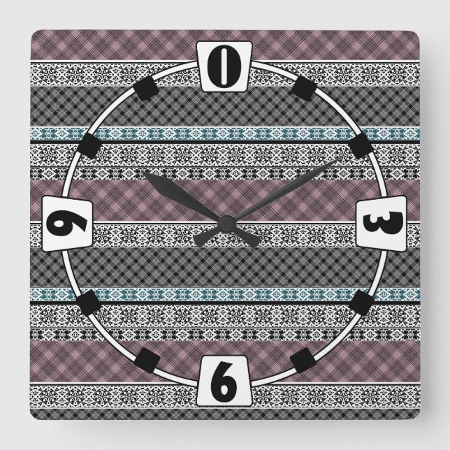Horloge Carrée Dentelle patchwork noir et blanc (Recto)