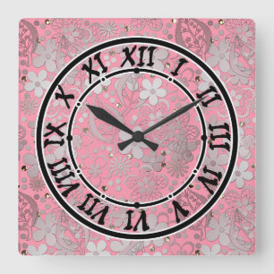 Horloge Carrée Dentelle rose incomparable motif fleuri romantique