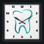Horloge Carrée Dentistère dentaire Image Médicale<br><div class="desc">Horloge illustrant une dent dentaire. Dessiné avec un contour de dégradé vert.</div>