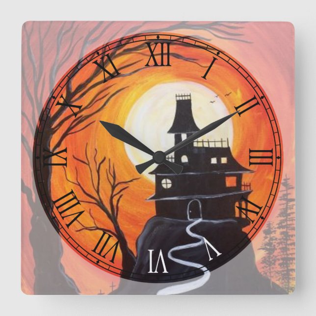 Horloge Carrée Déplaisant Haunted House chiffres romains (Recto)