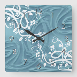 Horloge Carrée Des boucles au-dessus de bleu avec floral en