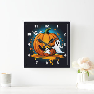 Horloge Carrée Des fantômes d'Halloween lunaires autour d'un citr