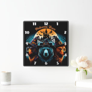 Horloge Carrée Des ours d'Halloween en casquette éffrayant la nui
