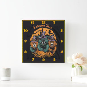 Horloge Carrée Des ours d'Halloween en casquettes sorciers ludiqu