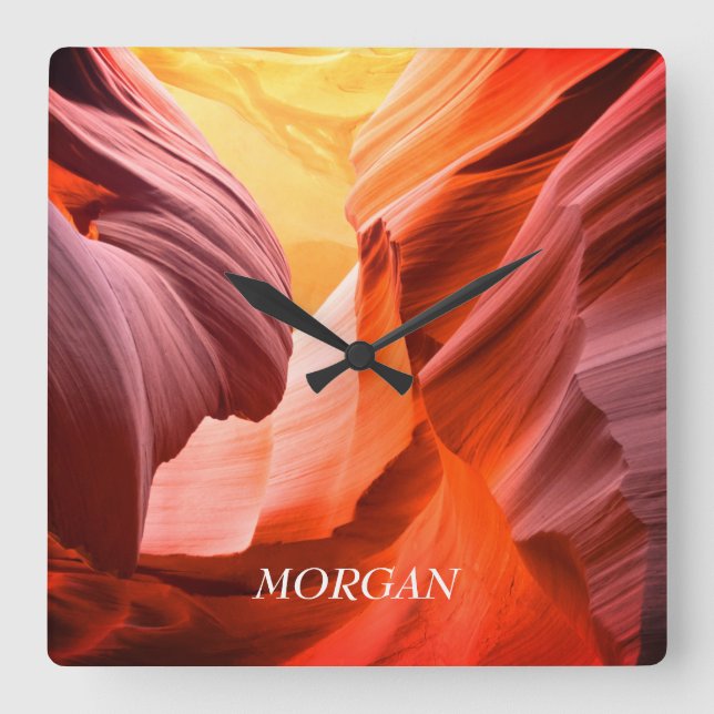 Horloge Carrée Desert Slot Canyon or Your Photo, White Name (Recto)