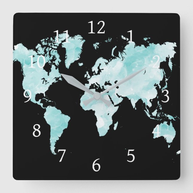 Horloge Carrée Design 72 black aqua blue map (Recto)