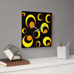 Horloge Carrée Design abstrait moderne, cercles jaunes sur fond n