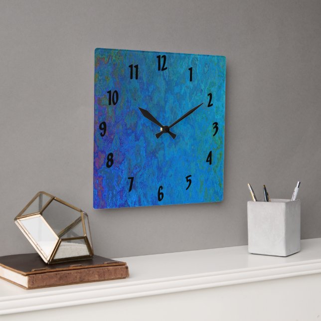 Horloge Carrée design abstrait or et bleu (Bureau)