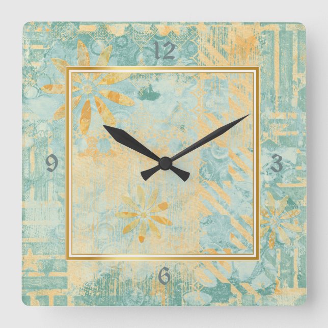 Horloge Carrée Design abstrait Turquoise Gold Frame (Recto)