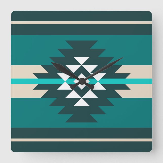 Horloge Carrée Design aztèque en couleur turquoise (Recto)