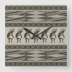 Horloge Carrée Design Aztèque Gris Et Noir Kokopelli