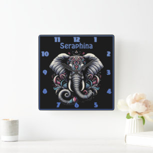 Horloge Carrée Design d'éléphant fleuri orné