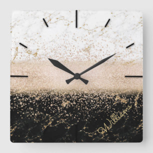 Horloge Carrée Design élégant en marbre de confetti rose en or