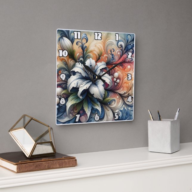 Horloge Carrée Design Floral Abstrait Avec Lily Blanche (Bureau)