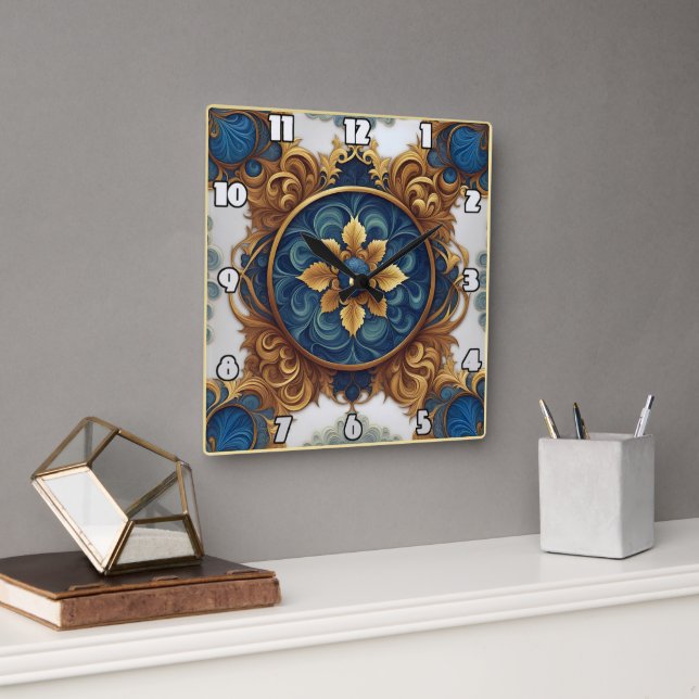 Horloge Carrée Design floral complexe en bleu et or (Bureau)