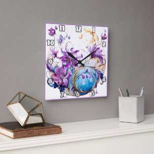 Horloge Carrée Design floral élégant avec des accents violets et
