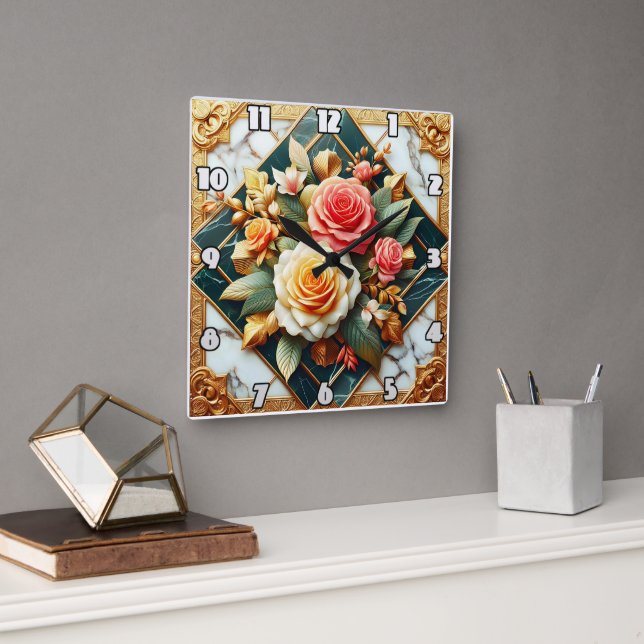 Horloge Carrée Design Floral rose Avec Accents Or (Bureau)