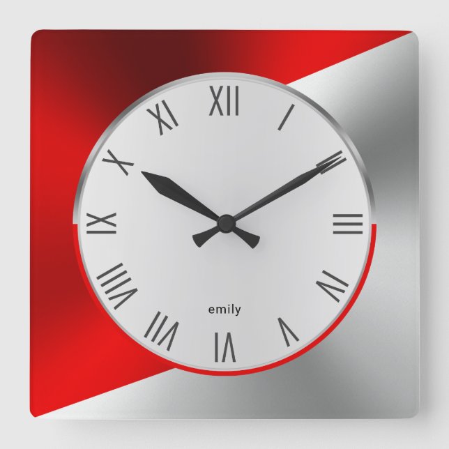 Horloge Carrée Design géométrique métallique moderne rouge et arg (Recto)