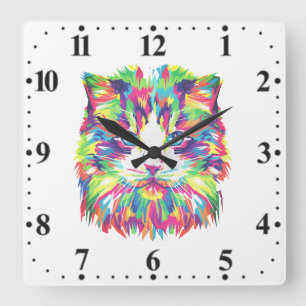 Horloge Carrée Design Géométrique Prismatique Visage de Chat-3245