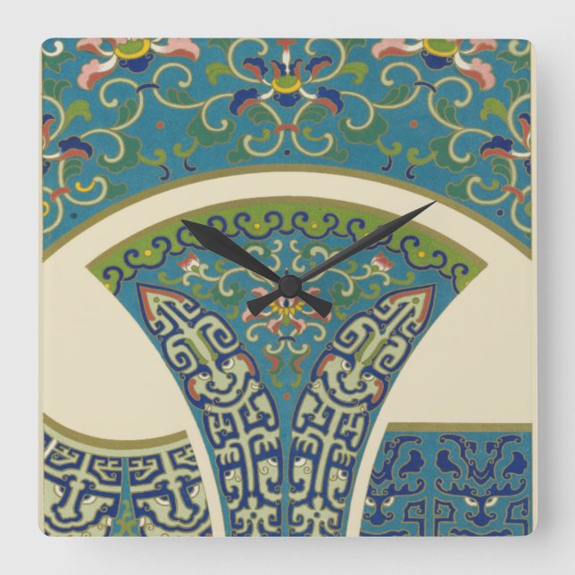 Horloge Carrée Designs orientaux bleus avec facettes souriantes (Recto)