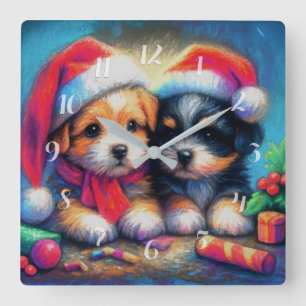 Horloge Carrée Dessin à la craie Deux chiots mignons avec des cha