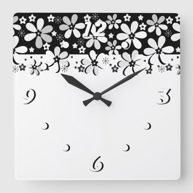 Horloge Carrée dessin animé blanc noir Abstrait fleurs design flo (Recto)