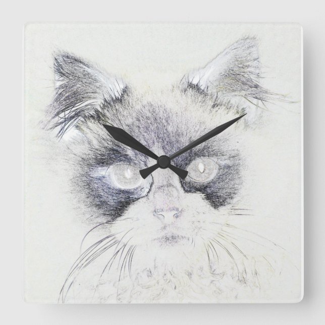Horloge Carrée Dessin crayon de chat (Recto)