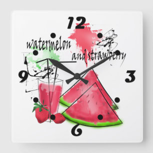 Horloge Carrée Dessin d'aquarelle de pastèque et fraises
