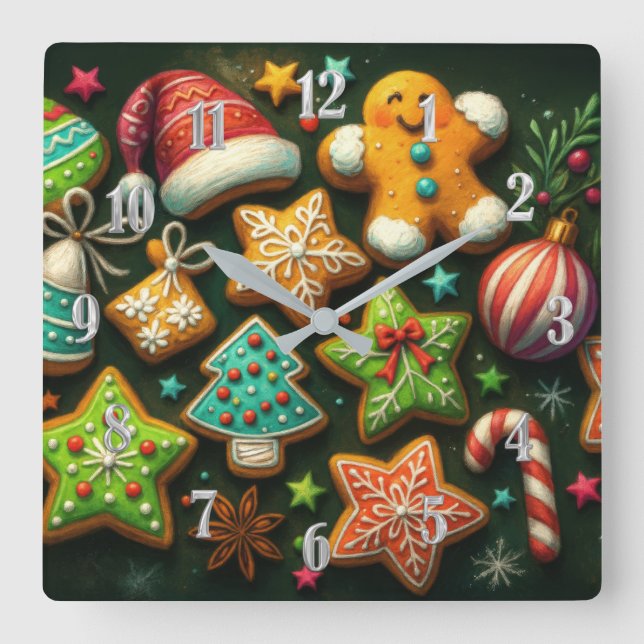 Horloge Carrée Dessin de balaie Cookies de Noël décorés Vert (Recto)