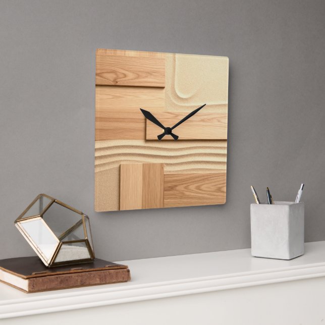 Horloge Carrée Dessin de bois géométrique sur sable (Bureau)