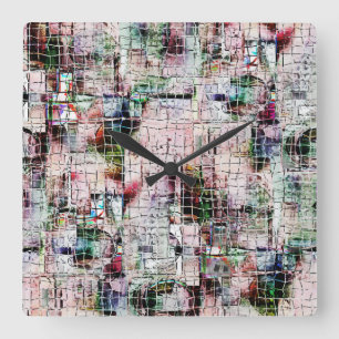 Horloge Carrée Dessin de couleur étrange sous jute rustique