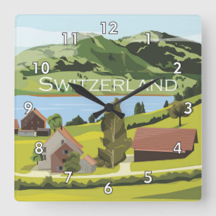 Horloge Carrée Dessin de dessin de Suisse mignon et coloré