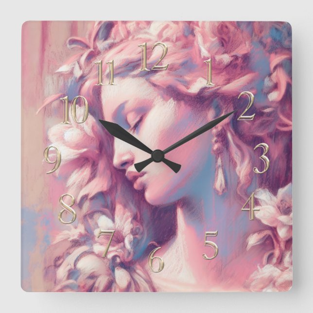 Horloge Carrée Dessin de femme Fleurs rose bleu dur Pastel (Recto)