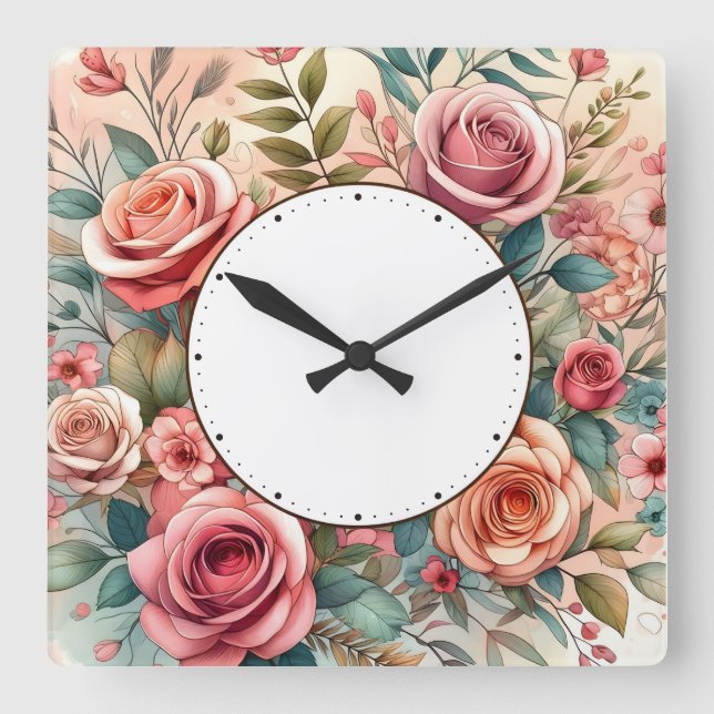 Horloge Carrée dessin de fleurs (Recto)