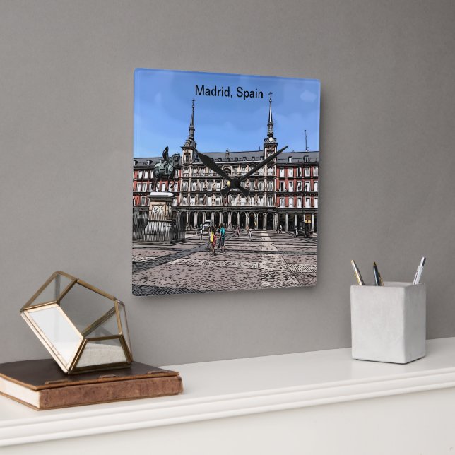 Horloge Carrée Dessin d'une place à Madrid, Espagne (Bureau)