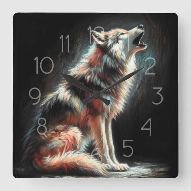 Horloge Carrée Dessin dur Pastel Wolf (Recto)